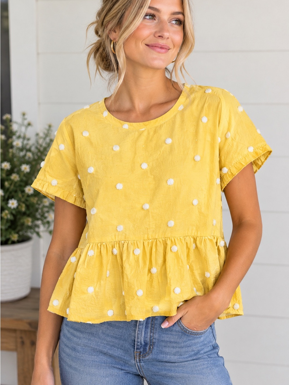 AndTheWhy Yellow Polka Dot Peplum Tunic Top - Women's Short Sleeve. L